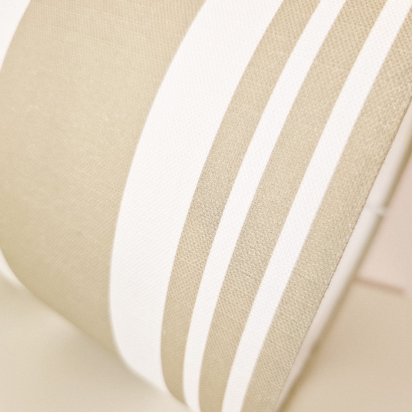 Handmade drum lampshade in Harbour Stripe mink and white coloured fabric close up— artisan home décor by ZIA LIVING.
