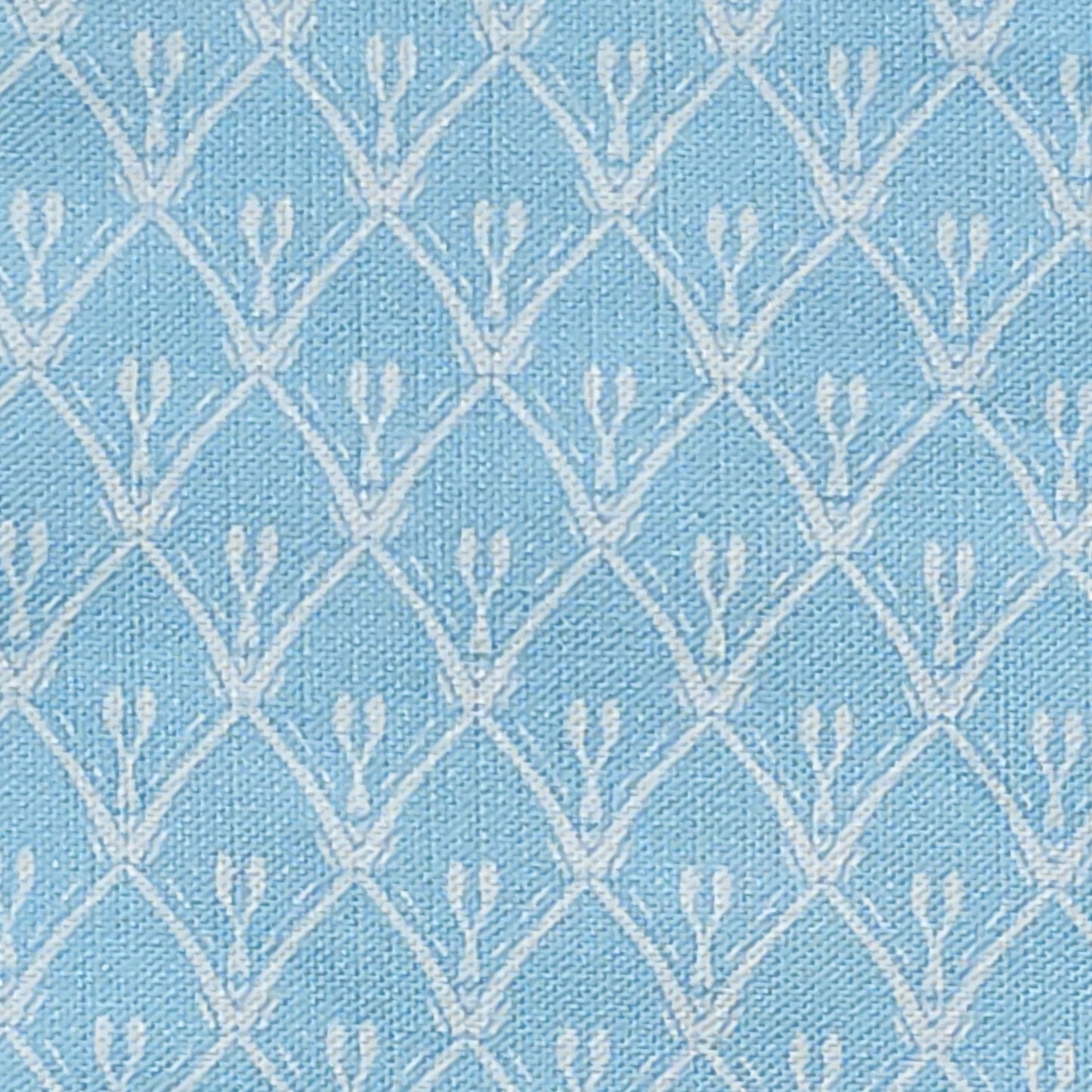 Pastel Sky Blue Rosemary cotton‑linen fabric swatch featuring a lino‑style trellis pattern — ZIA LIVING.