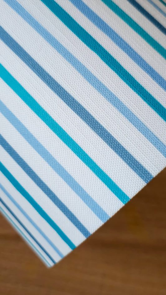 Blue and white striped drum lampshade close up — ZIA LIVING