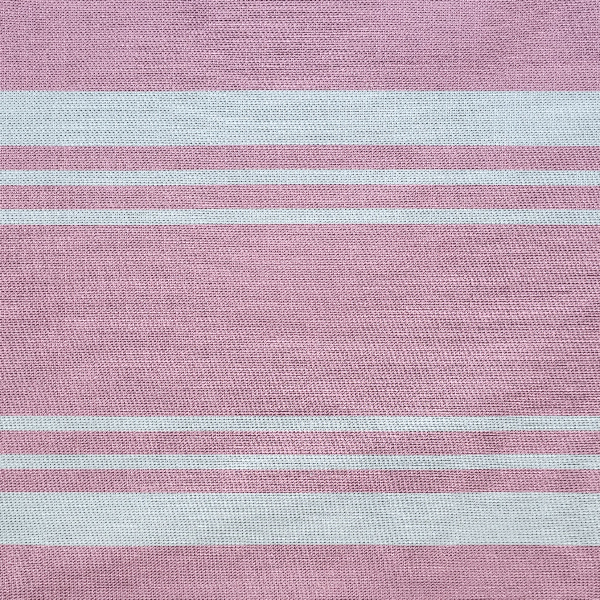Close‑up of Harbour Stripe fabric in soft Hydrangea pink and off‑white horizontal stripes, showing woven texture — ZIA LIVING.