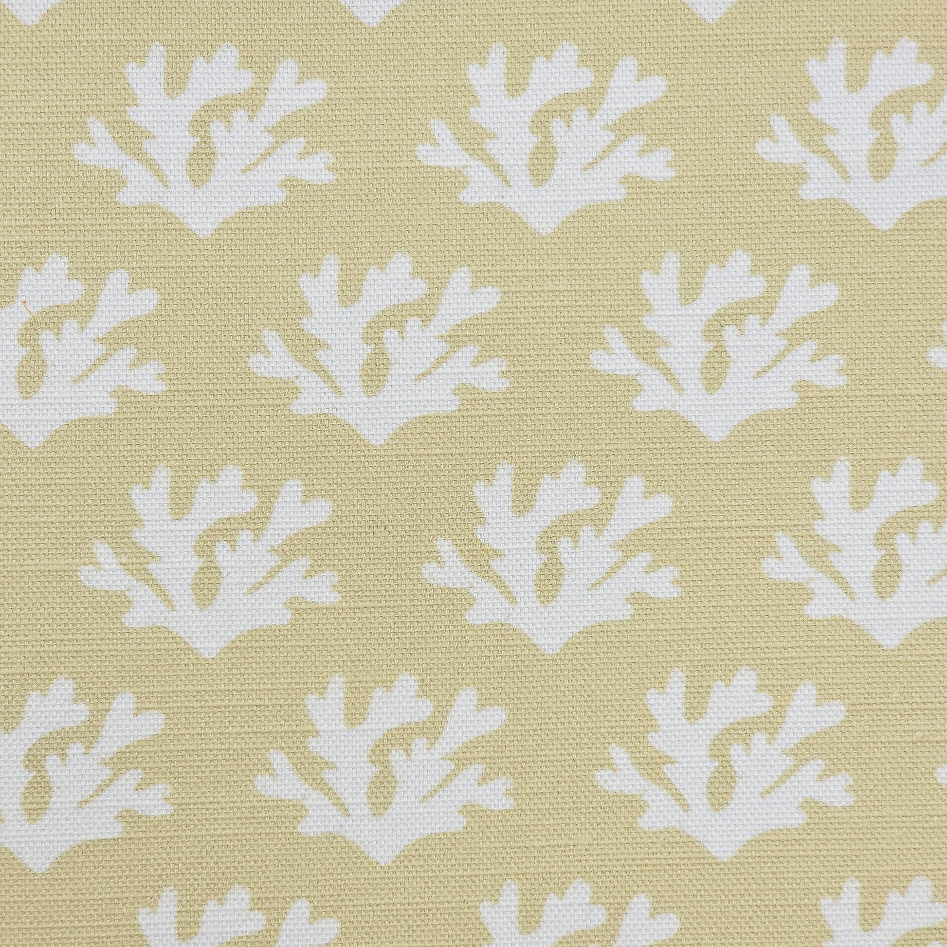 Seaweed cotton linen fabric featuring white lino print seaweed motifs in a repeating coastal pattern on a soft sand coloured background. ZIA LIVING.