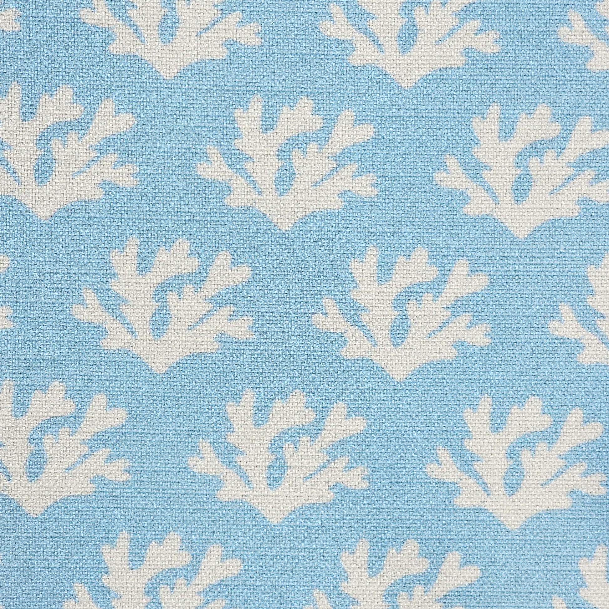 Seaweed cotton linen fabric featuring white lino print seaweed motifs in a repeating coastal pattern on a soft sky blue  background. ZIA LIVING.