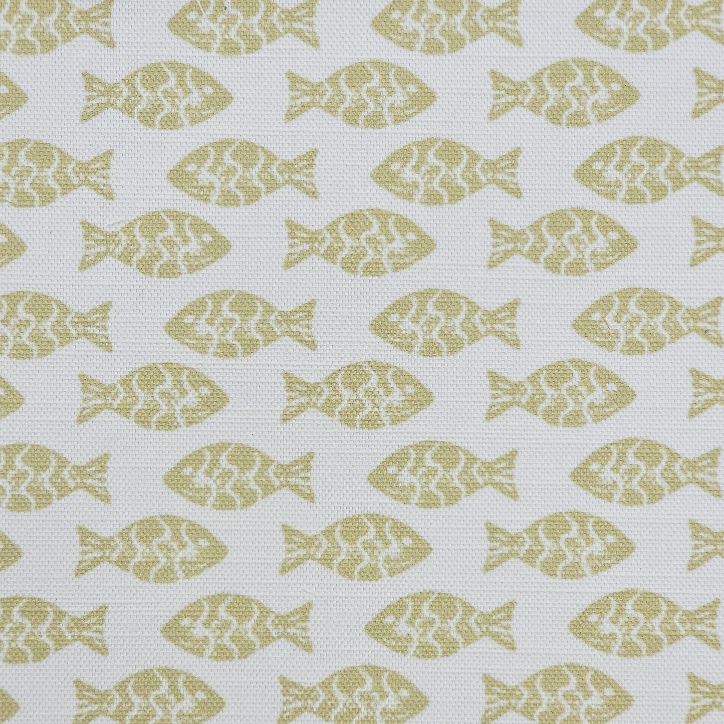 Pattern of Neutral coloured fish on a white fabric background