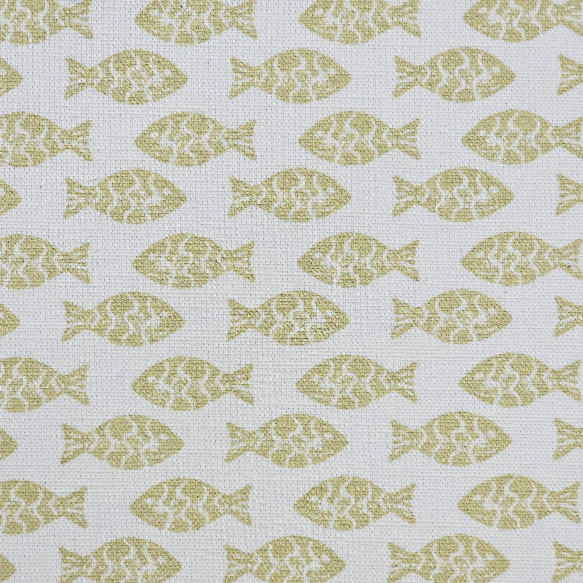 Pattern of Neutral coloured fish on a white fabric background