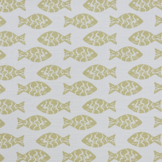 Pattern of Neutral coloured fish on a white fabric background
