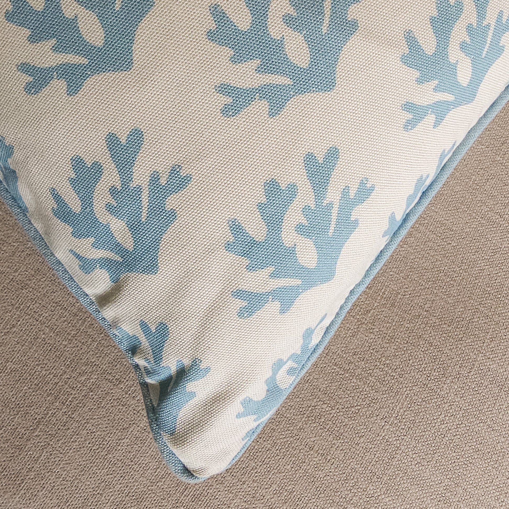 Sky Blue Seaweed Coral Print cushion on neutral background close up by Zia Living