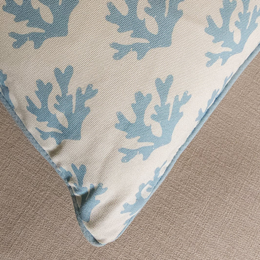 Sky Blue Seaweed Coral Print cushion on neutral background close up by Zia Living