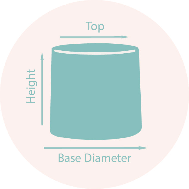Diagram showing the top, height, and base diameter of a drum lampshade on a pink background.