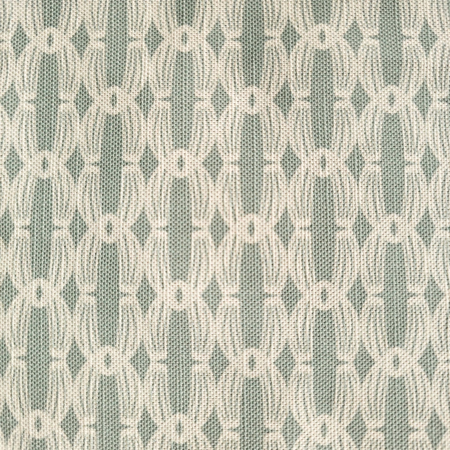 Close‑up of ZIA LIVING’s Anello cotton‑linen fabric in duck egg and white, showing its interlocking oval and diamond geometric weave pattern and textured artisan finish.