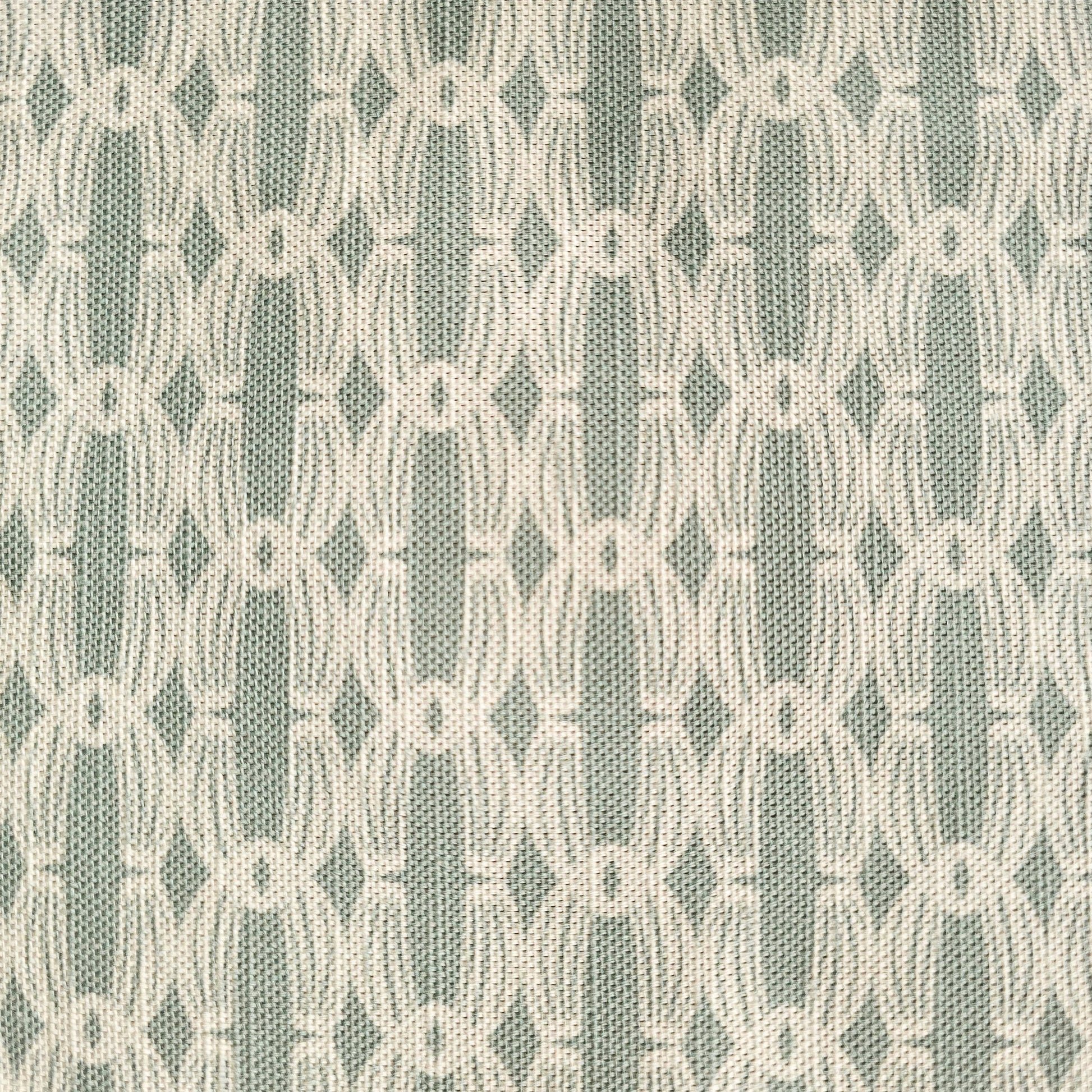 Close‑up of ZIA LIVING’s Anello cotton‑linen fabric in duck egg and white, showing its interlocking oval and diamond geometric weave pattern and textured artisan finish.