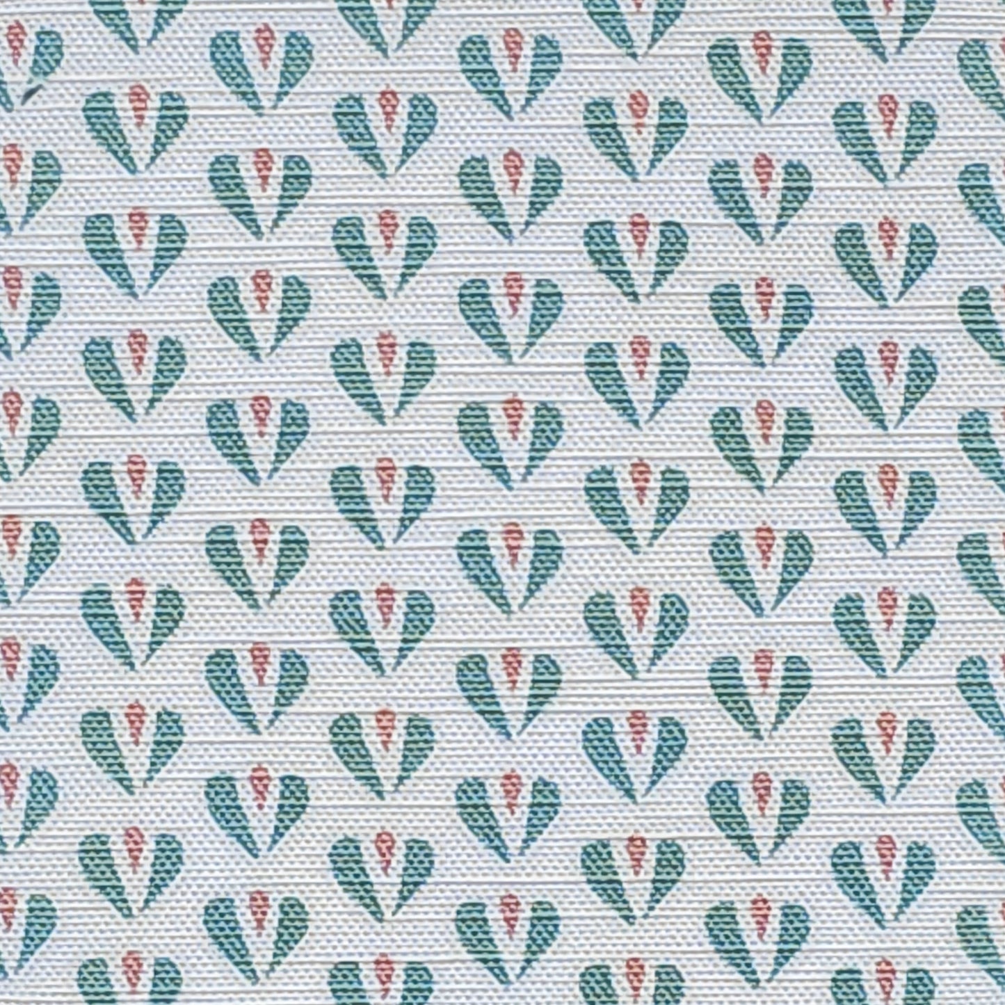 Carina, a heart motif patterned fabric by ZIA LIVING, featuring repeating teal and pink stylised heart shapes on a white textured cotton‑linen background.