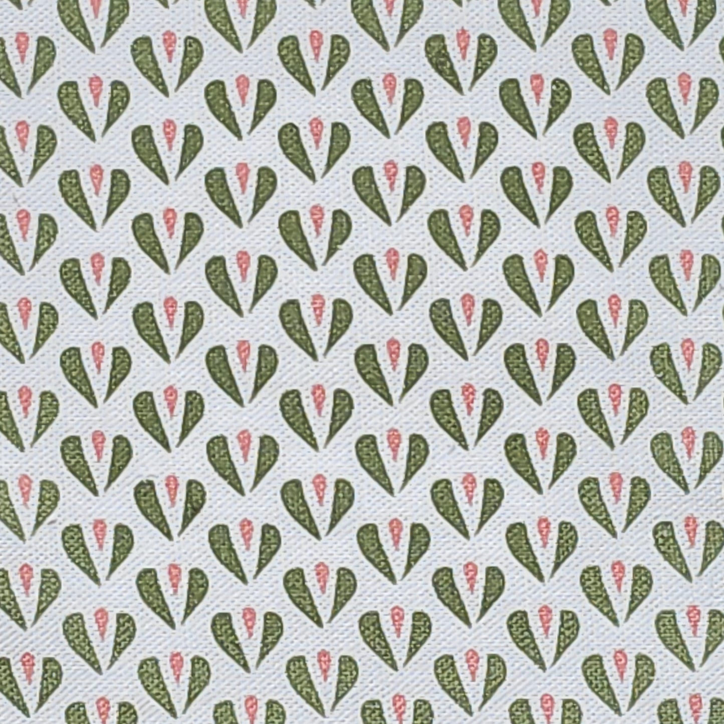 Carina, a heart motif patterned fabric by ZIA LIVING, featuring repeating olive and pink stylised heart shapes on a white textured cotton‑linen background.