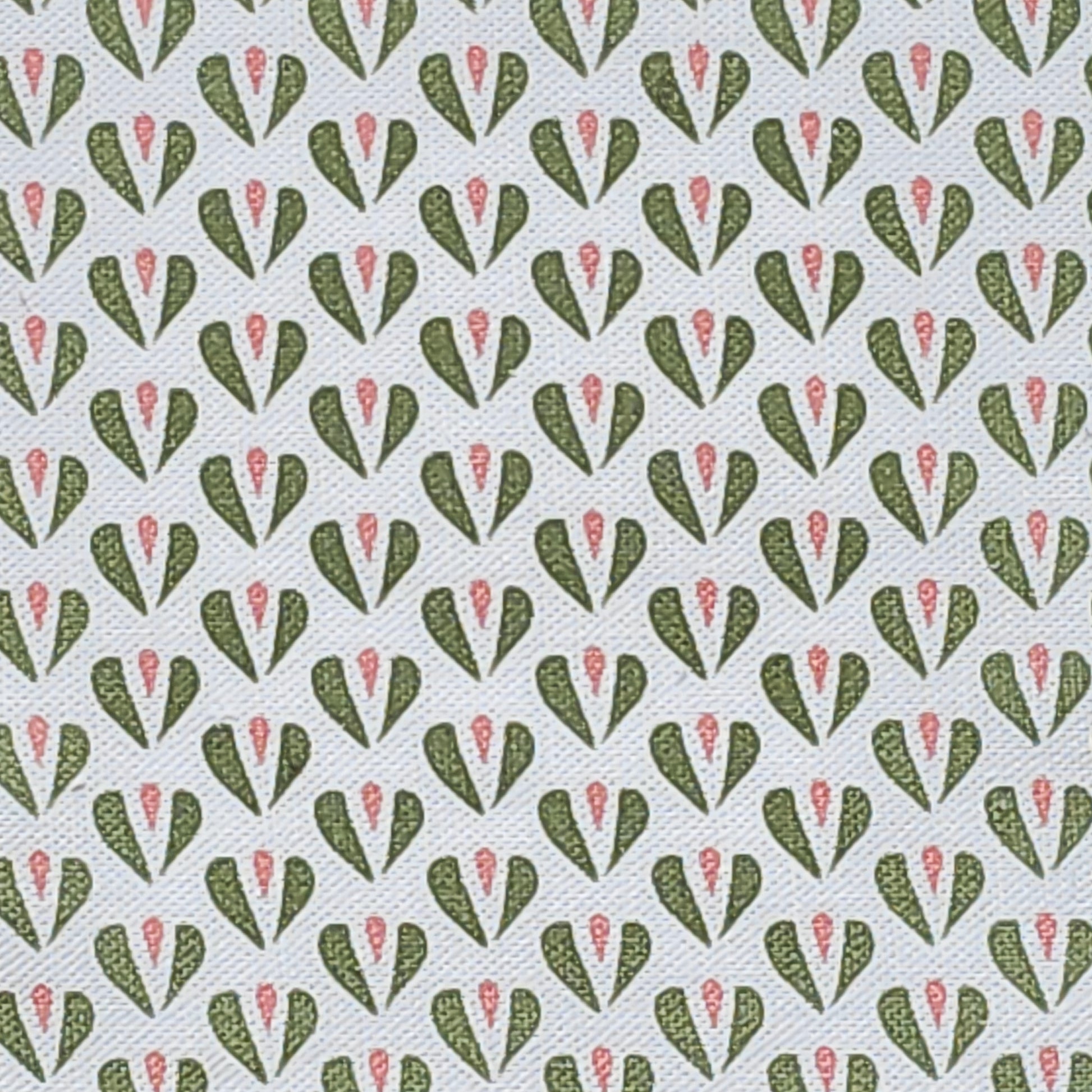 Carina, a heart motif patterned fabric by ZIA LIVING, featuring repeating olive and pink stylised heart shapes on a white textured cotton‑linen background.
