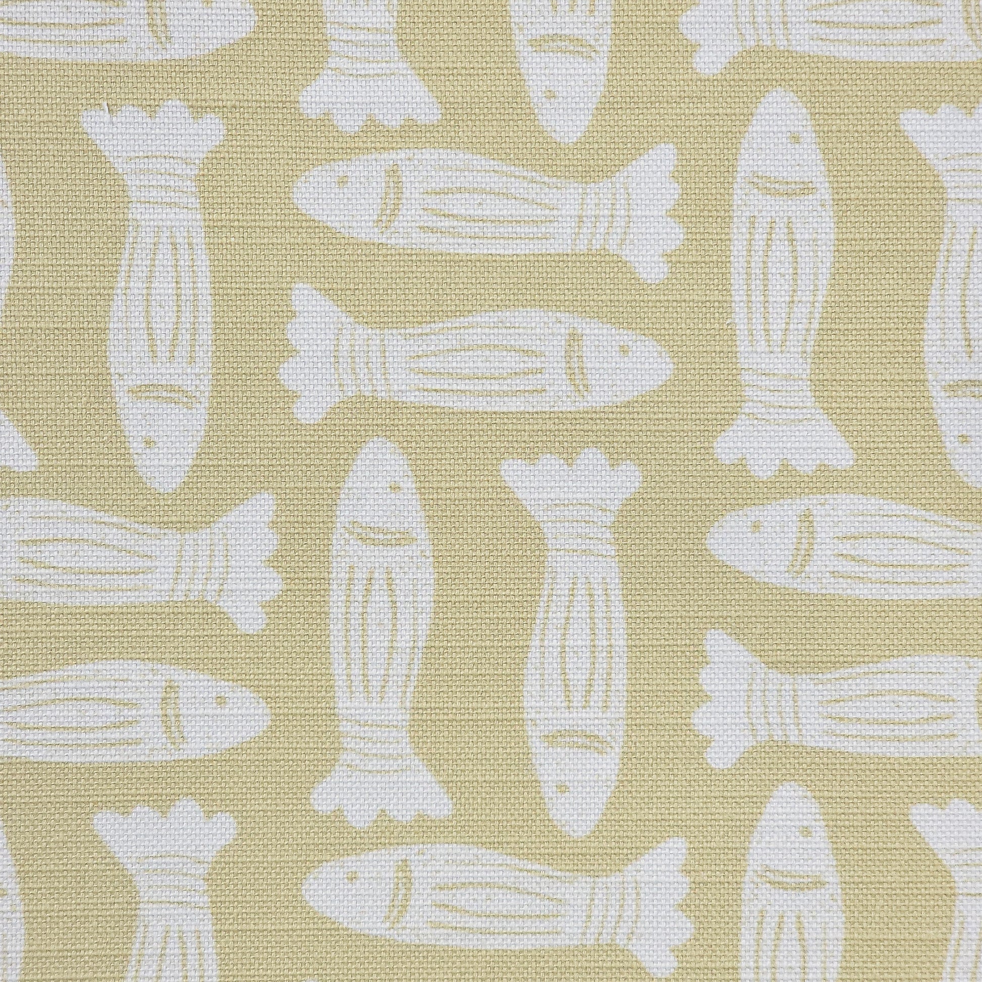 Zia Living Fishes fabric swatch lino print in Sand with white fish