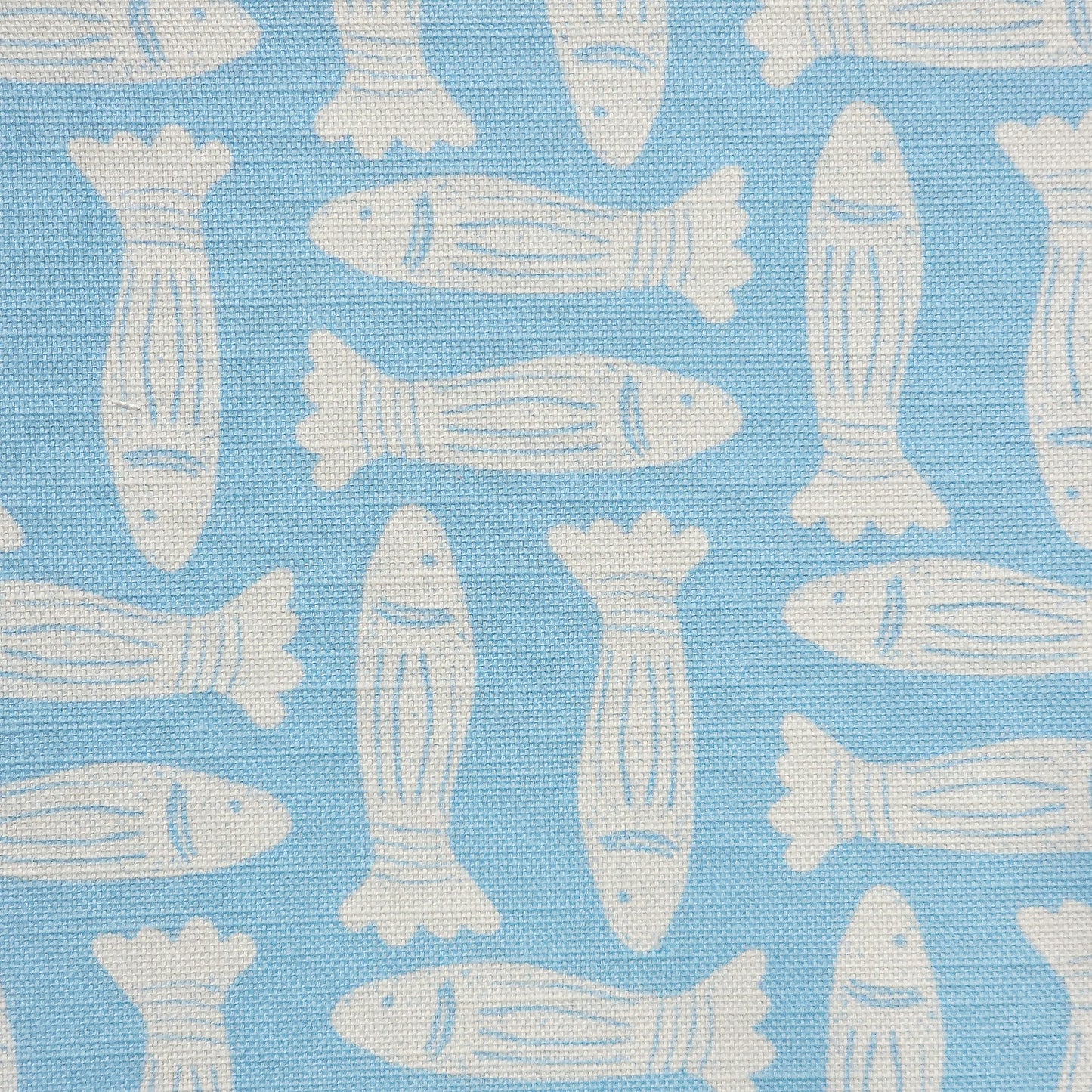 Zia Living Fishes fabric swatch lino print in sky blue with white fish