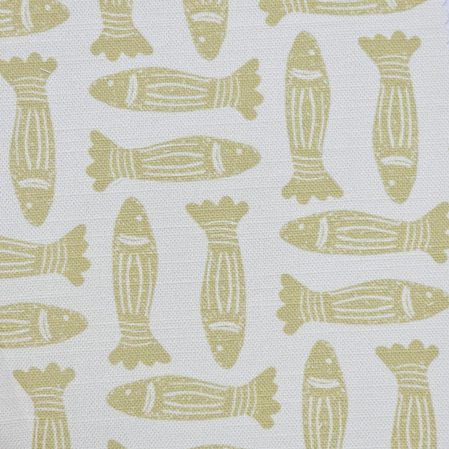 Fabric swatch Sand Fishes drum lampshade featuring simple lino print  fish motifs on white background— ZIA LIVING