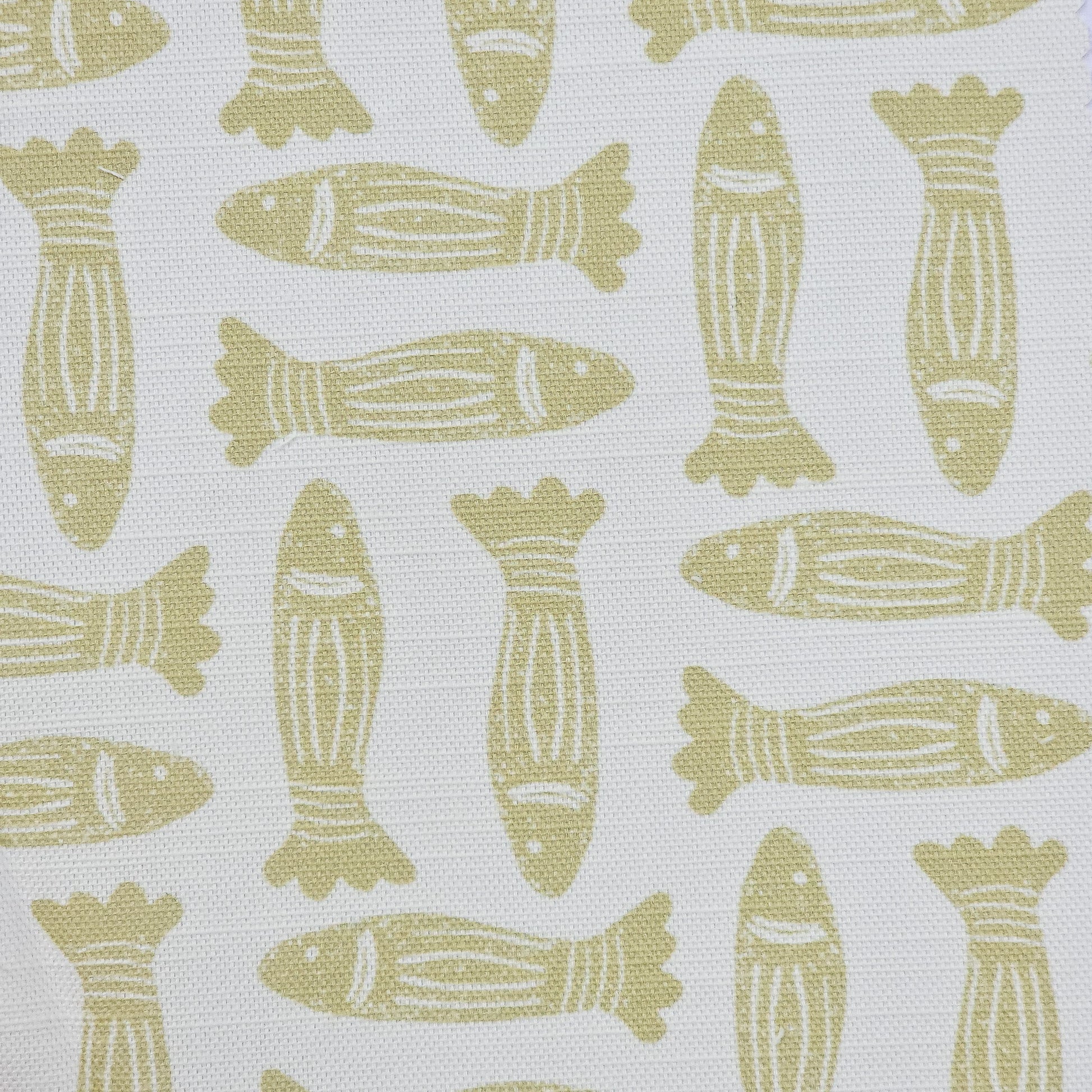 Fabric swatch Sand Fishes drum lampshade featuring simple lino print  fish motifs on white background— ZIA LIVING
