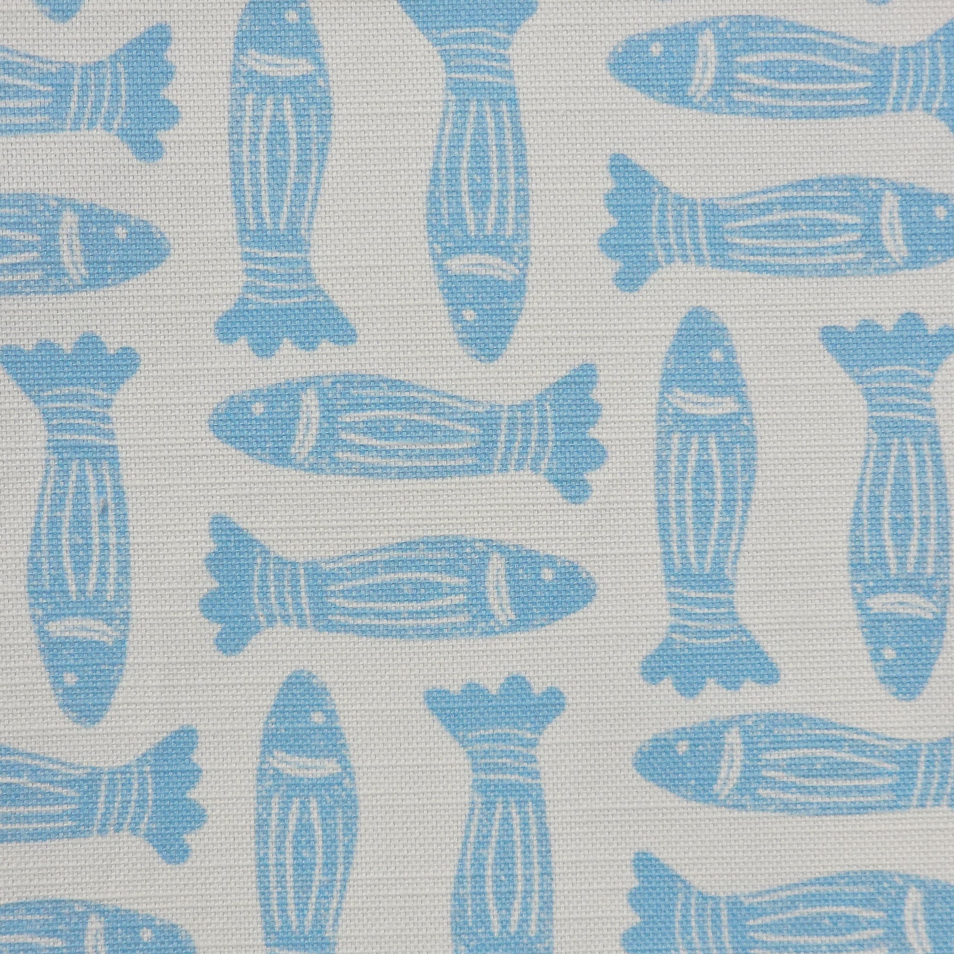 Fabric swatch Sky Blue Fishes drum lampshade featuring simple lino print  fish motifs on white background— ZIA LIVING