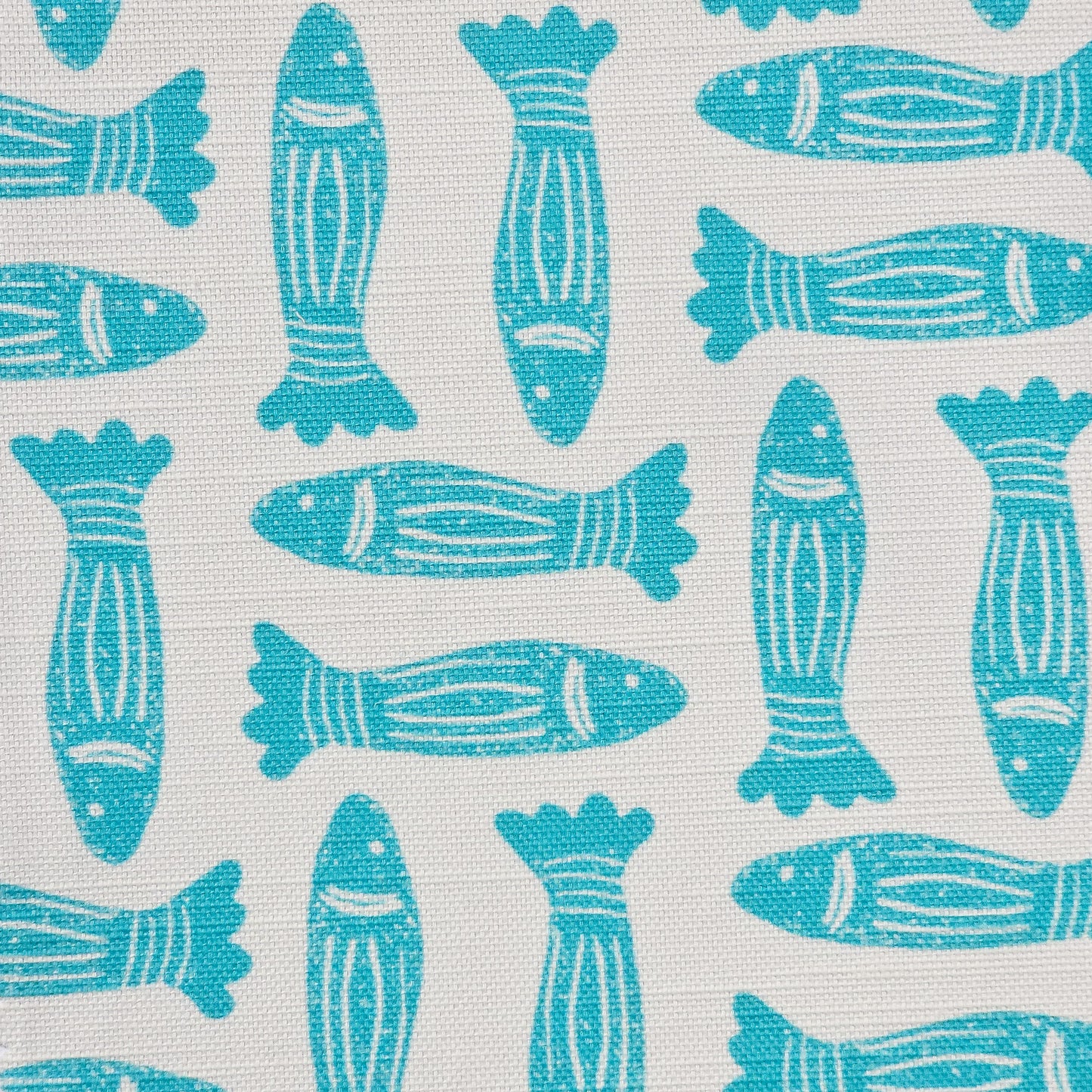Fabric swatch Teal Fishes drum lampshade featuring simple lino print  fish motifs on white background— ZIA LIVING
