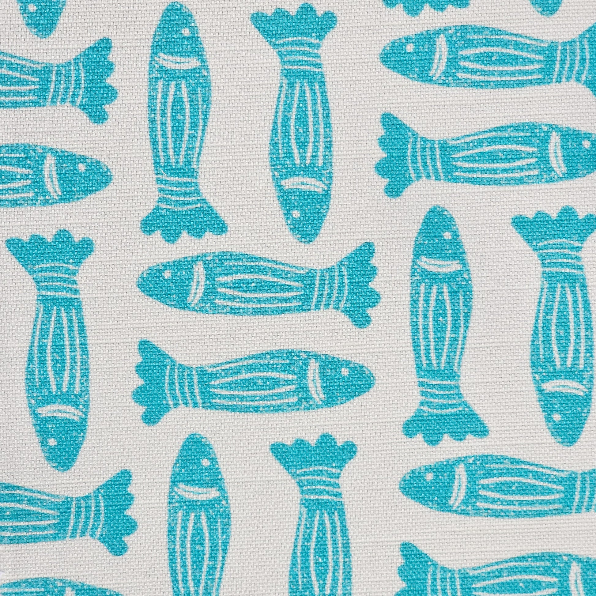 Fabric swatch Teal Fishes drum lampshade featuring simple lino print  fish motifs on white background— ZIA LIVING