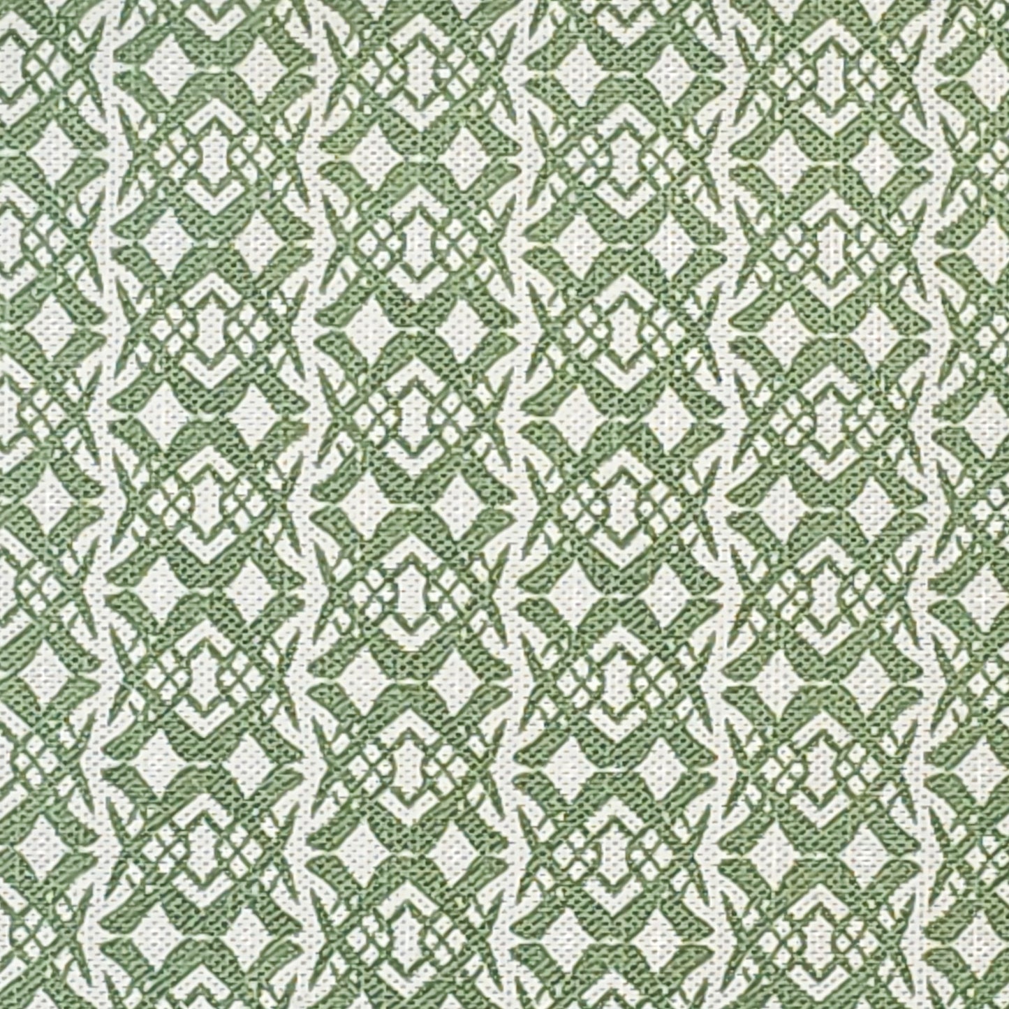 Fornet Classic cotton linen fabric swatch featuring a repeating greeninterlocking curved motif on an off‑white background. ZIA LIVING