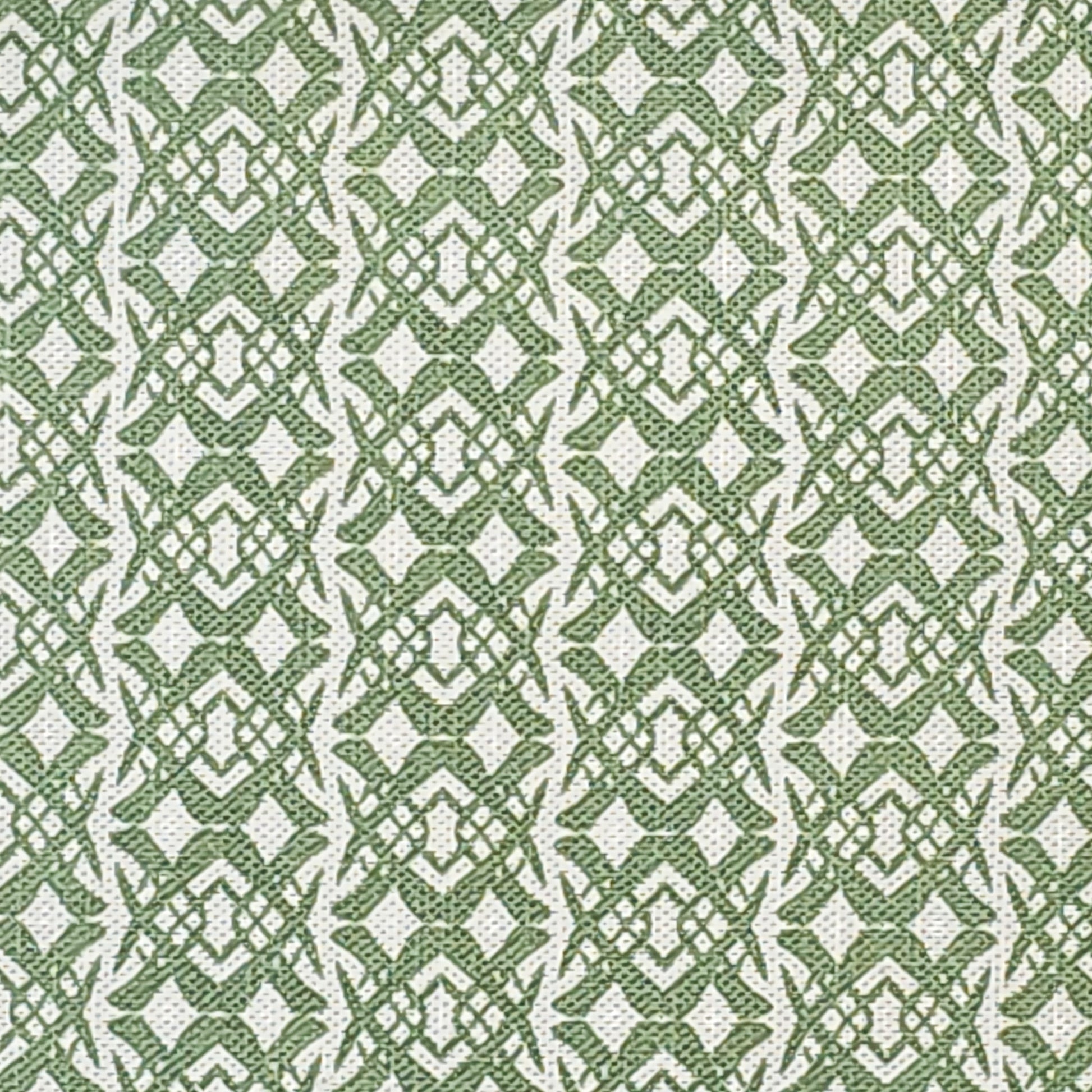 Fornet Classic cotton linen fabric swatch featuring a repeating greeninterlocking curved motif on an off‑white background. ZIA LIVING