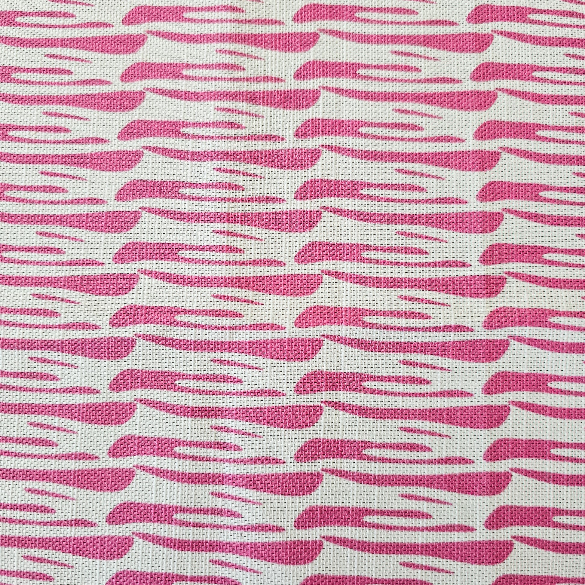 Ondina pink wave‑pattern cotton‑linen fabric by ZIA LIVING, featuring a repeating lino‑style motif on a white background.