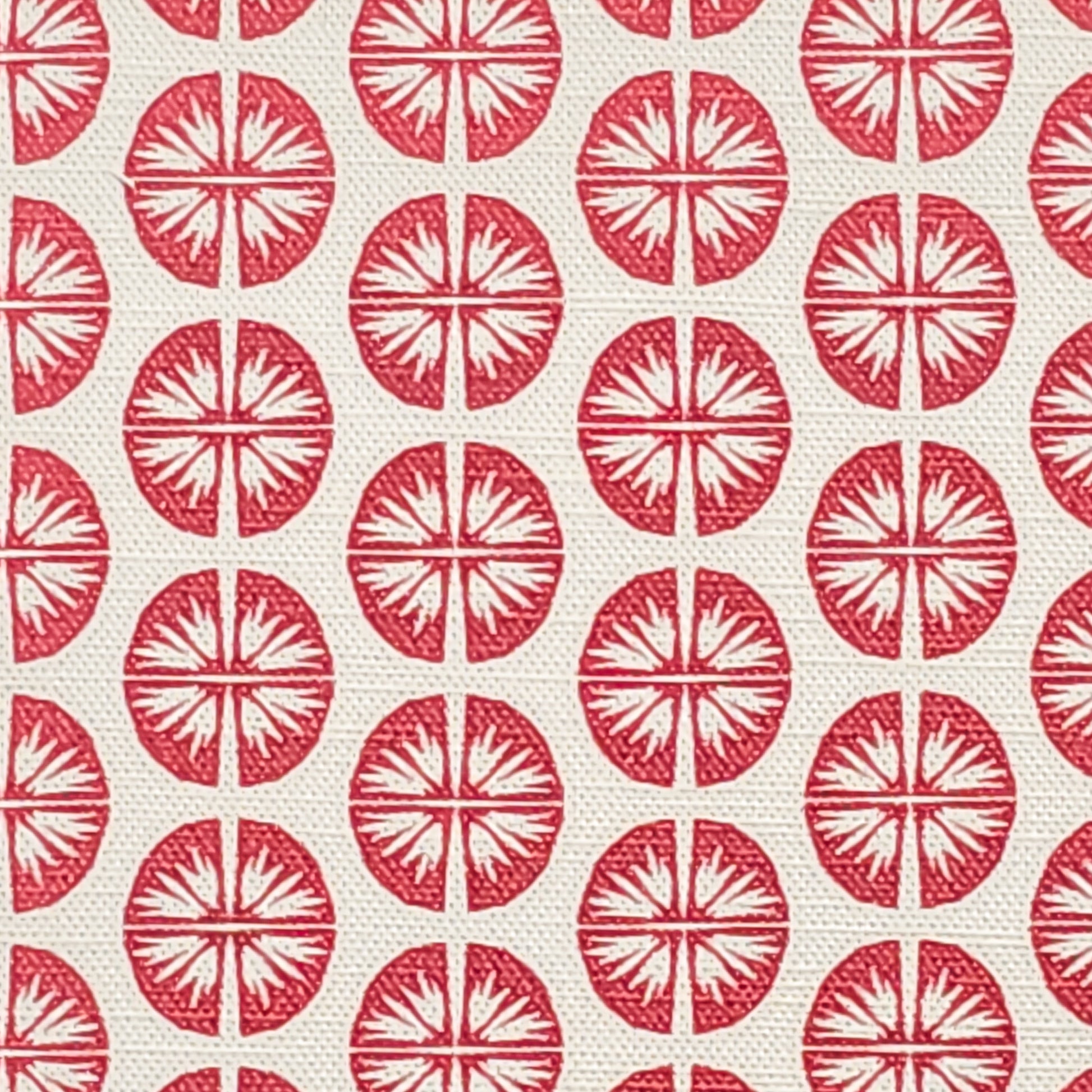 Pressed Flower cotton linen fabric featuring bold red circular floral motifs in a repeating pattern on an off‑white background. ZIA LIVING