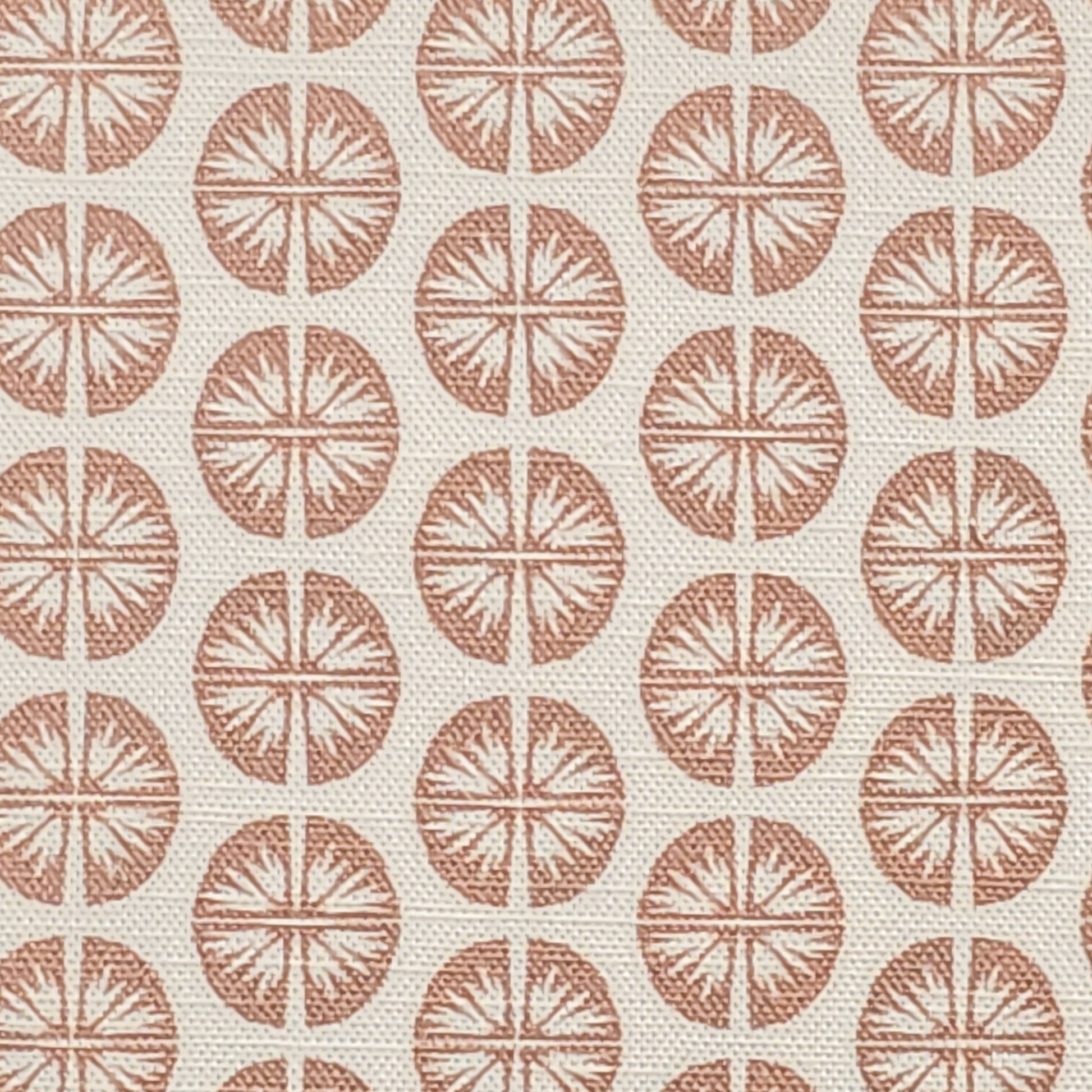 Pressed Flower cotton linen fabric featuring small muted pink circular floral motifs in a repeating pattern on an off‑white background. ZIA LIVING