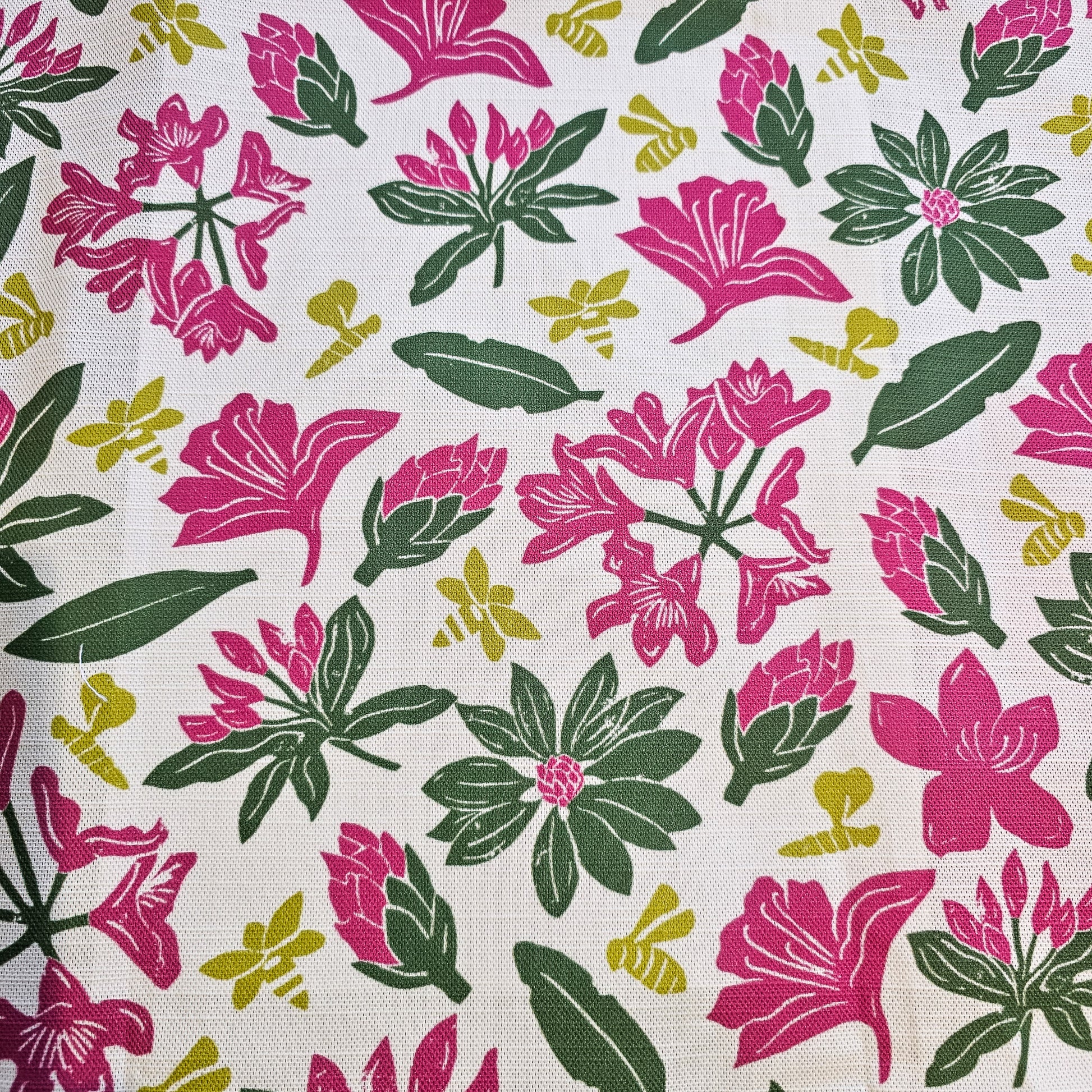 Zia Livings rhododendron floral print fabric swatch.   Vibrant pink flowers with yellow bees and leaves. 