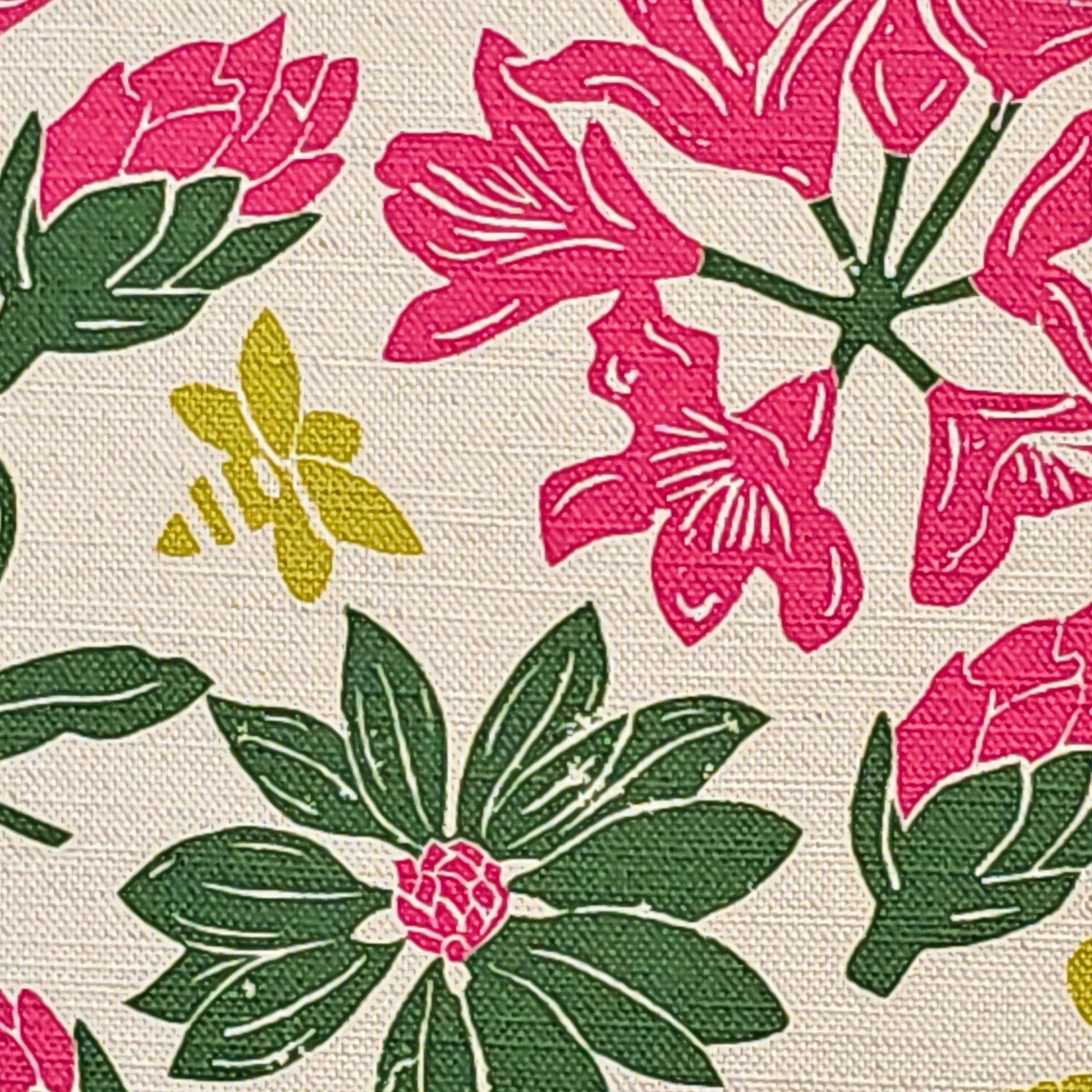 Floral rhododendron fabric pattern with pink and green flowers on a beige background, featured as close up fabric swatch- Zia Living 