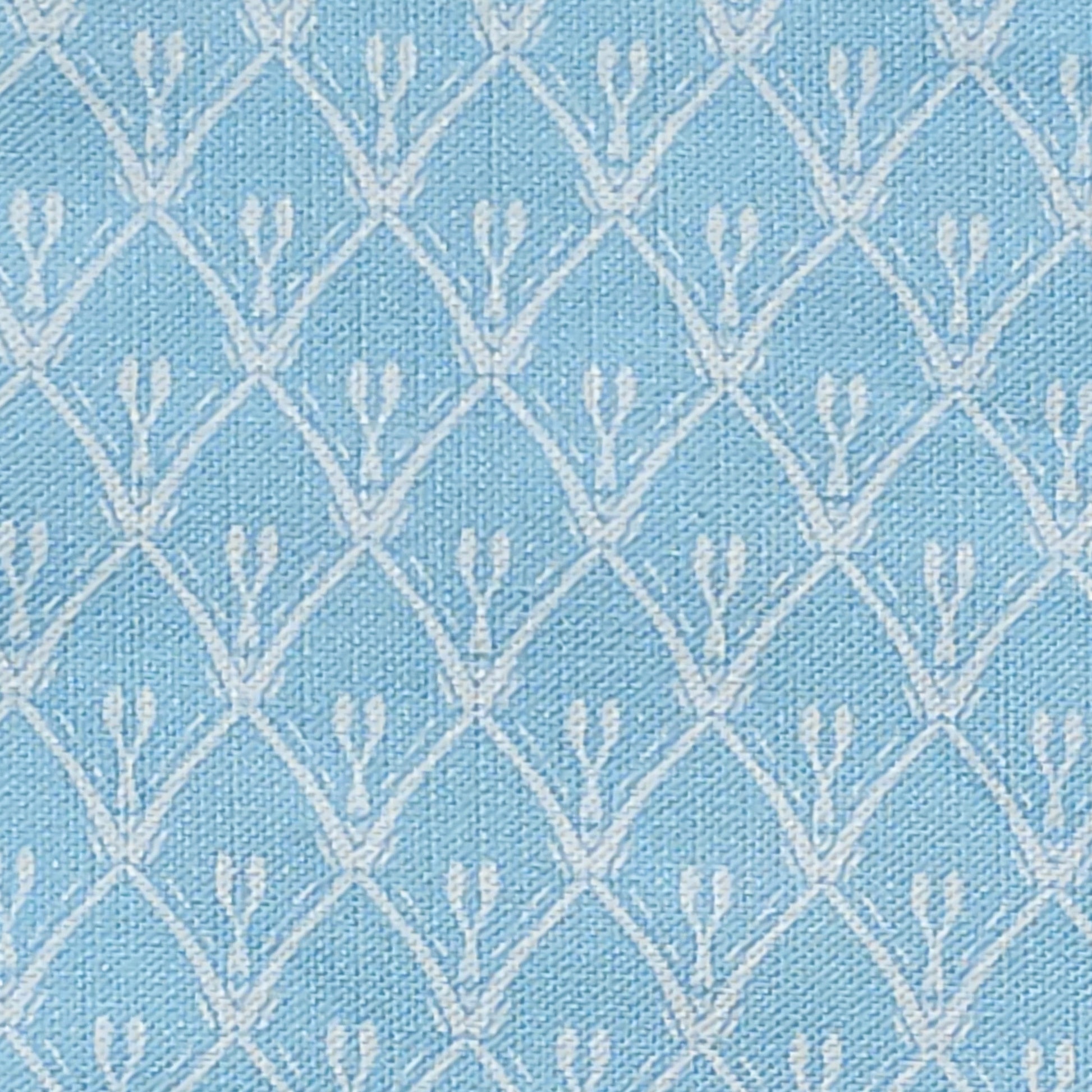 Pastel Sky Blue Rosemary cotton‑linen fabric swatch featuring a lino‑style trellis pattern — ZIA LIVING.