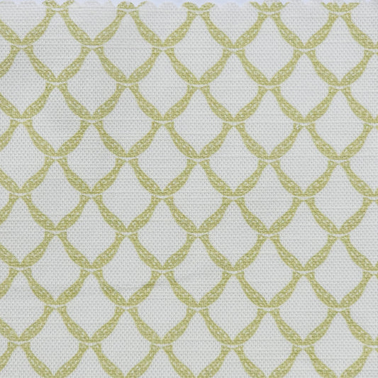 Marina cotton linen fabric featuring a repeating sand colour curved geometric trellis motif on an off‑white textured background. ZIA LIVING.