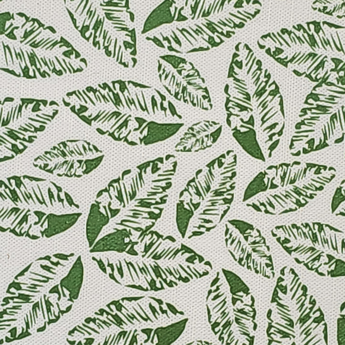 Small‑scale green leaf print cotton‑linen fabric by ZIA LIVING, featuring a repeating pressed‑leaf motif on a neutral background.
