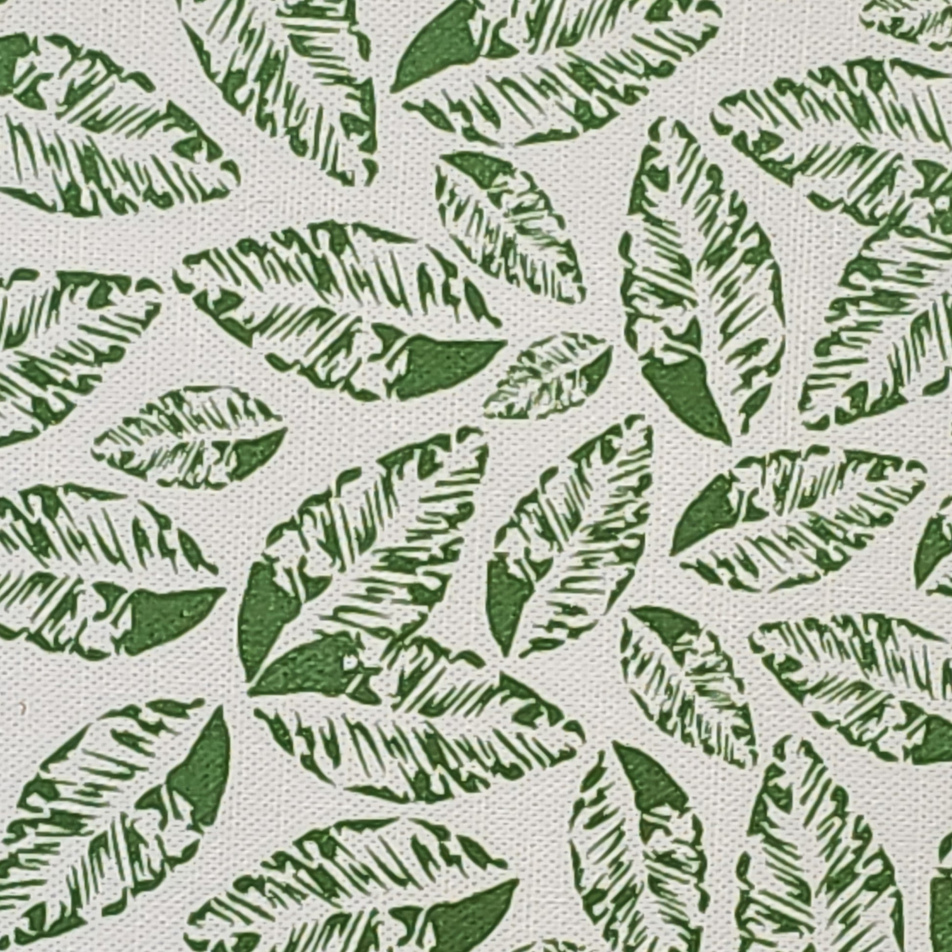 Small‑scale green leaf print cotton‑linen fabric by ZIA LIVING, featuring a repeating pressed‑leaf motif on a neutral background.