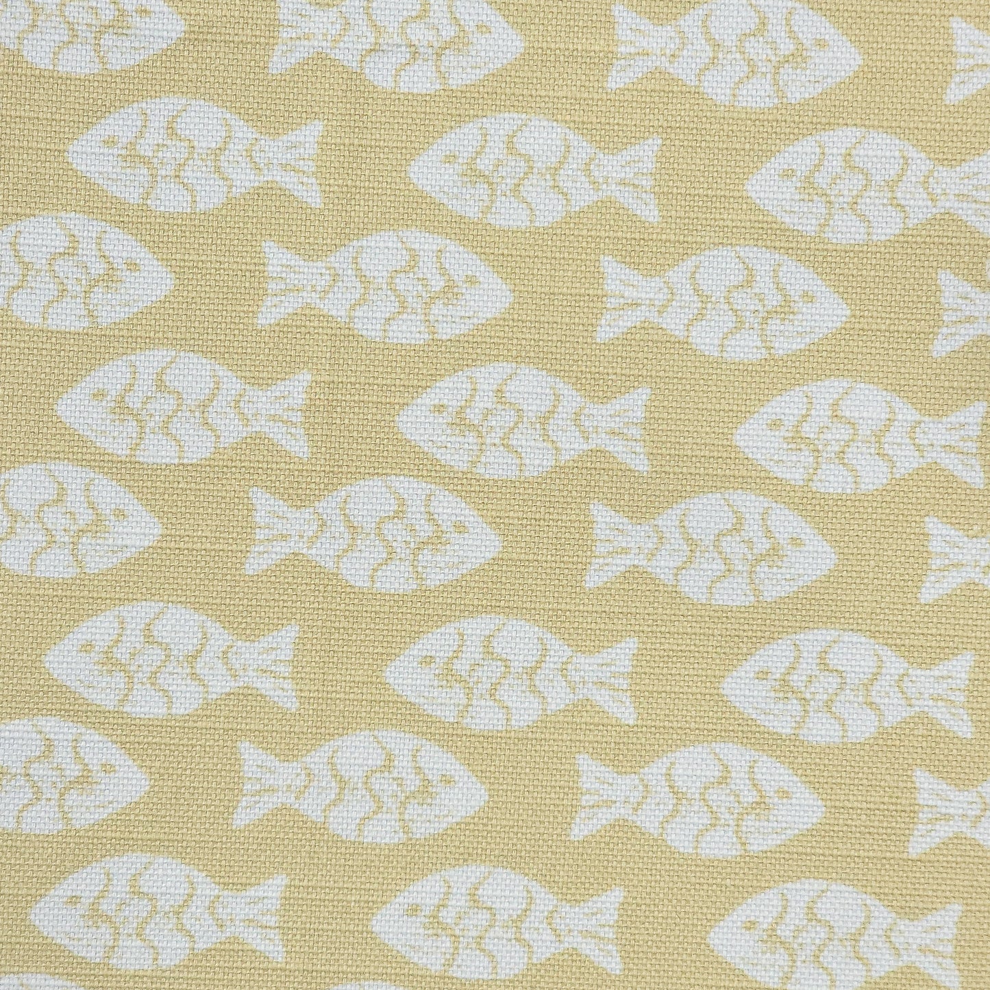 Shoal block‑print cotton linen fabric in off white featuring alternating stylised small fish motifs on an sand coloured background. ZIA LIVING.