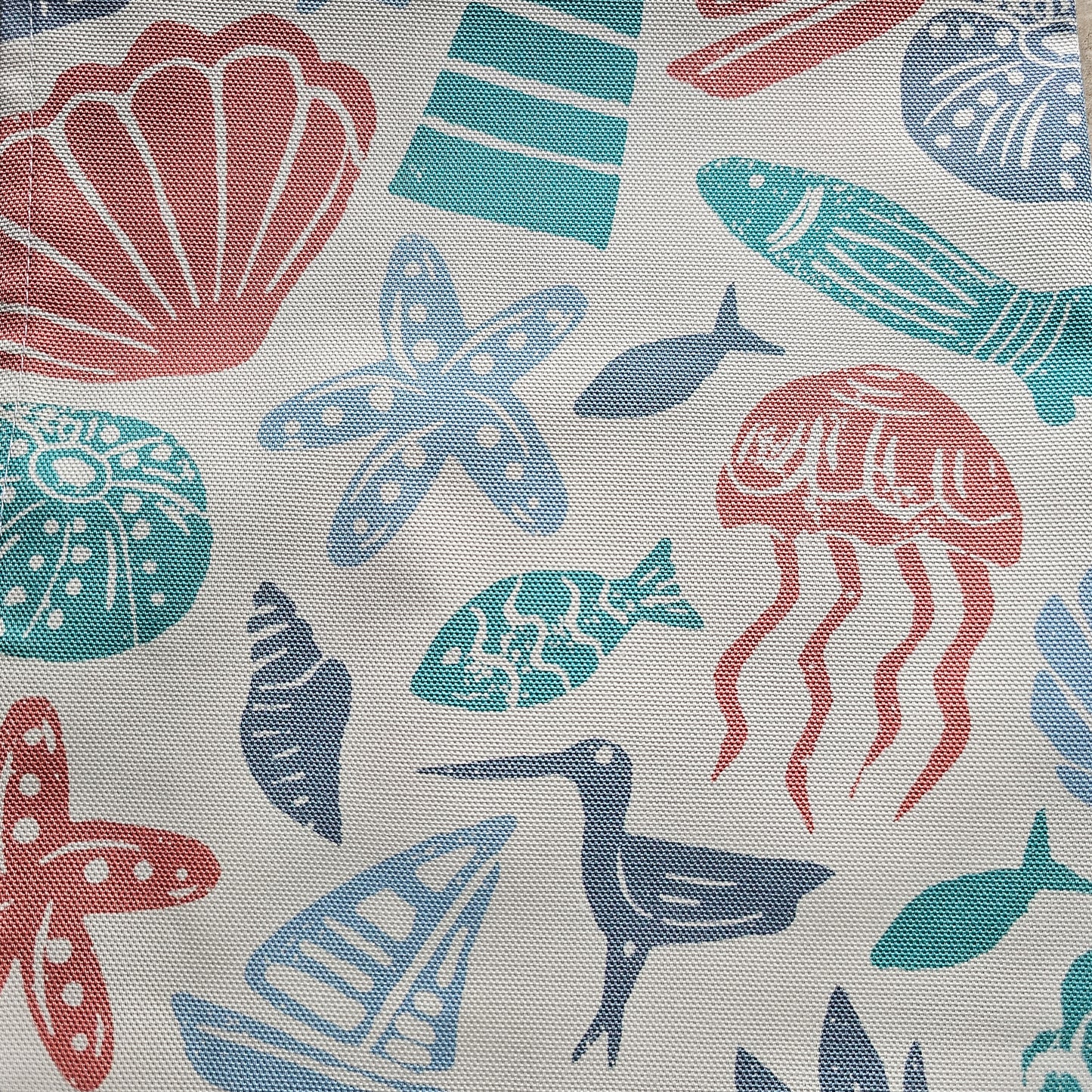 Under the Sea, a colourful coastal sea-themed fabric swatch, blue, coral and teal. Zia Living