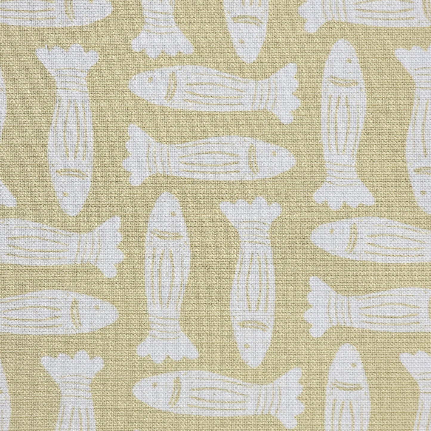 Fishes block‑print cotton linen fabric in off white featuring alternating stylised fish motifs on an sand coloured background. ZIA LIVING.