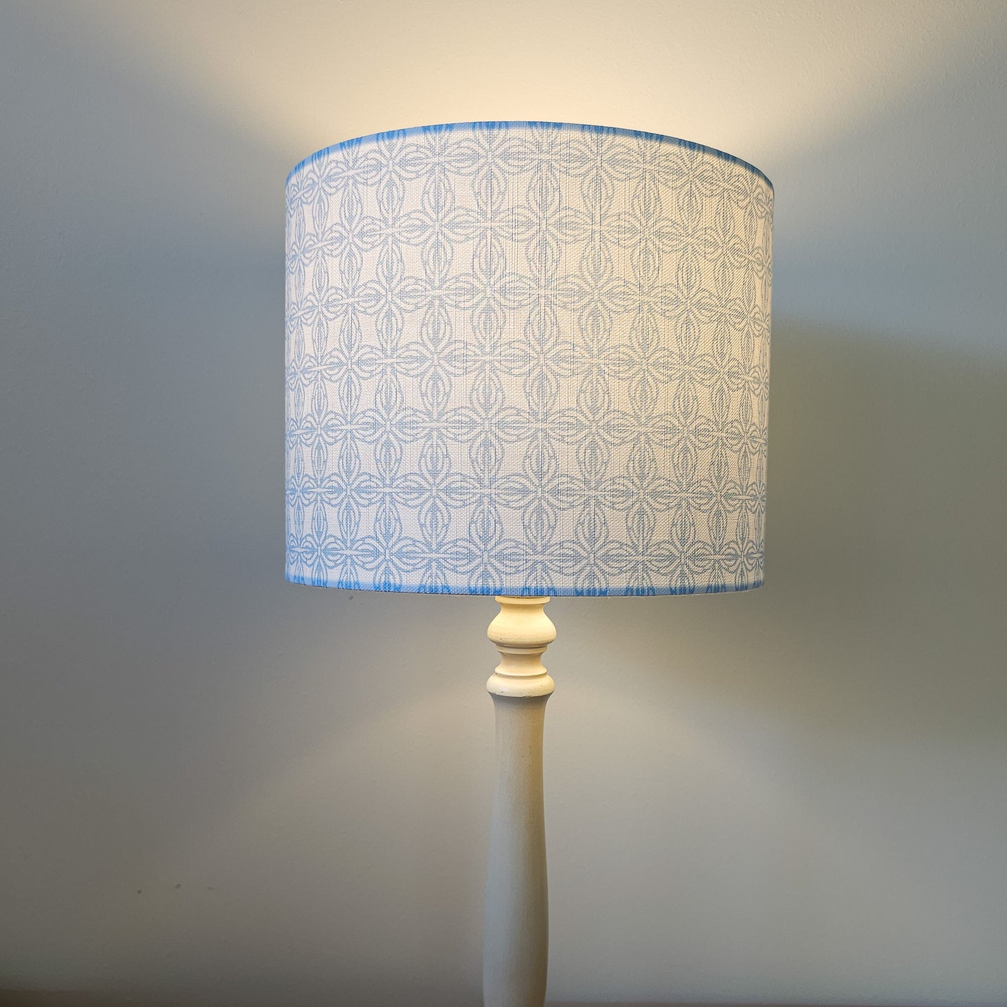 Bell Classic in Blue geometric pattern drum lampshade, handmade in cotton‑linen — ZIA LIVING.