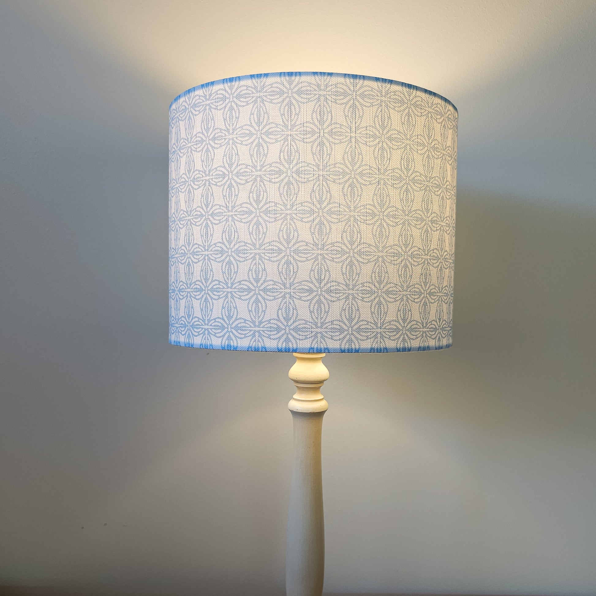 Bell Classic in Blue geometric pattern drum lampshade, handmade in cotton‑linen — ZIA LIVING.