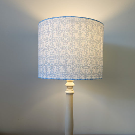 Bell Classic in Blue geometric pattern drum lampshade, handmade in cotton‑linen — ZIA LIVING.