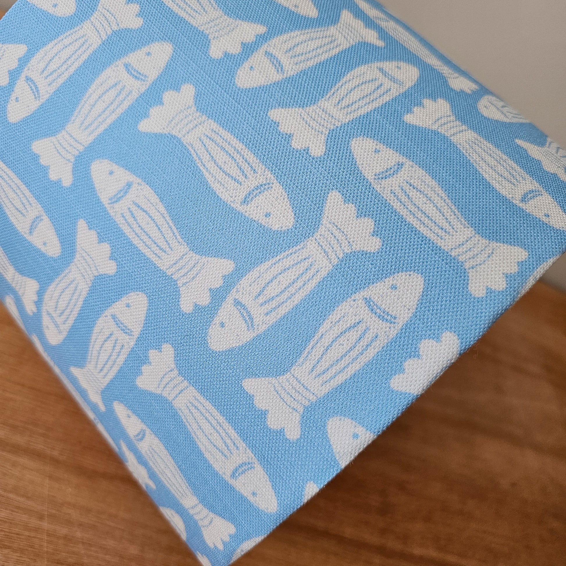 Zia Living Fishes lampshade lino print in sky blue close up