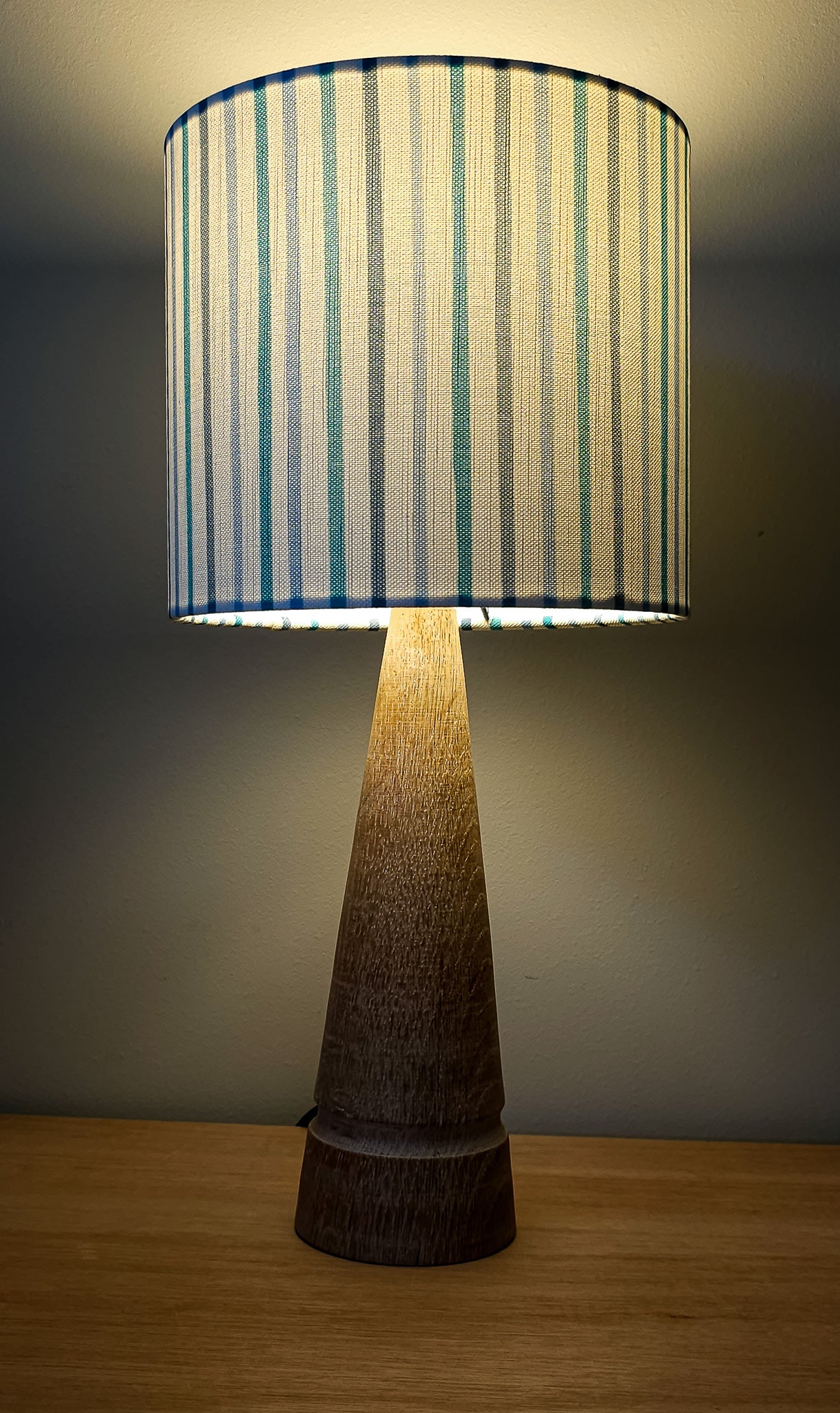 Blue and white striped drum lampshade on wooden base- cosy — ZIA LIVING