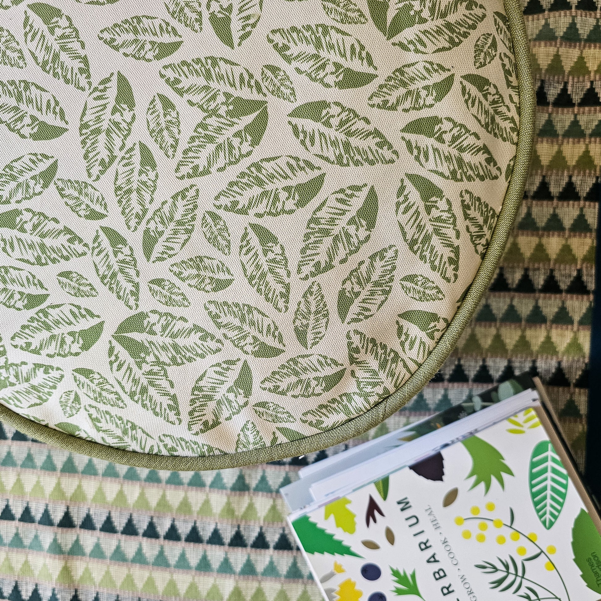 Green leaf pattern, Selva print,
featured on a zero waste pouffe by Zia Living.