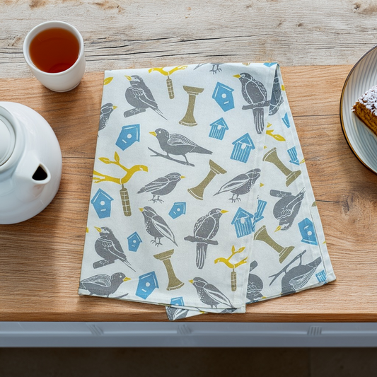 Patterned towel with birds and , yellow branches and bird houses folded on a wooden tray with tea and cake, designed by Zia Living