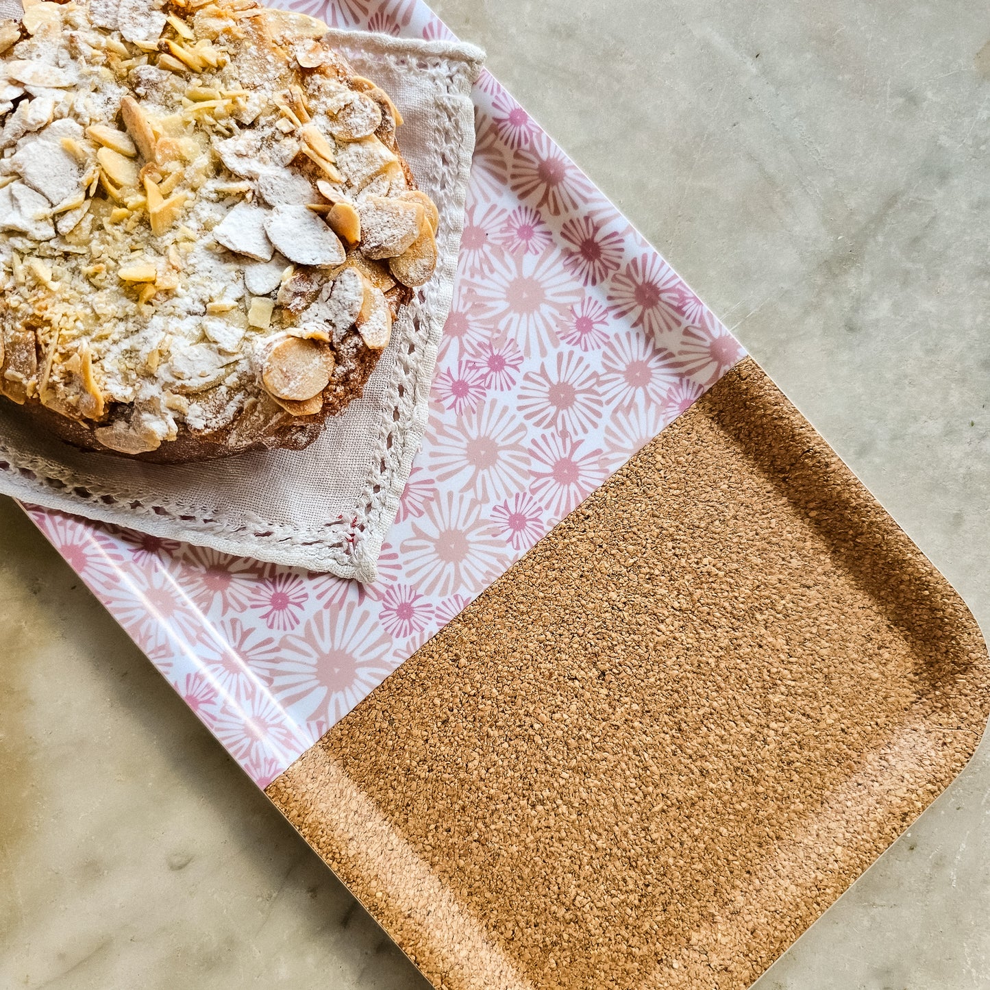 Zia Living Daisy print tray with cork featuring a Danish pastry