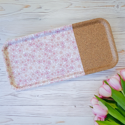 ZIA LIVING rectangular serving tray featuring a pink floral design paired with natural cork, styled on a white wooden surface with fresh pink tulips.